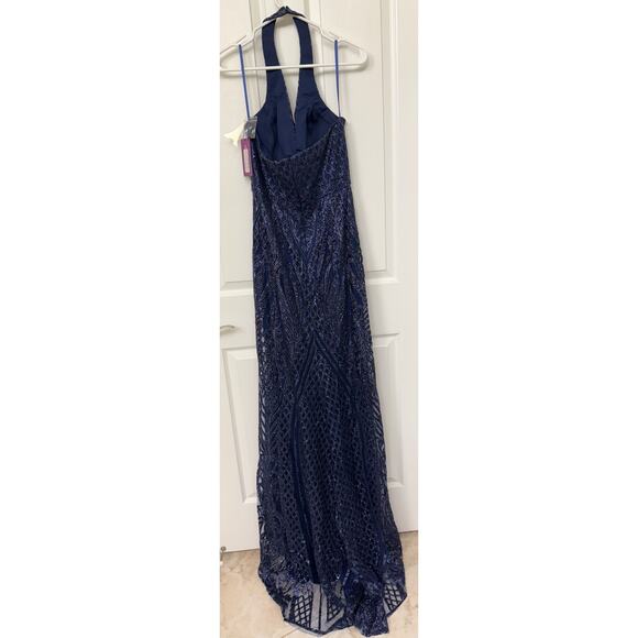 Abby Paris 90011 Formal midnight blue Glitter Gown 8 halter open back NWT $269 - Picture 13 of 14